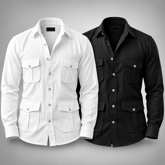 Premium Cotton Linen Hunting Shirt – Pack of 2 (White + Black)