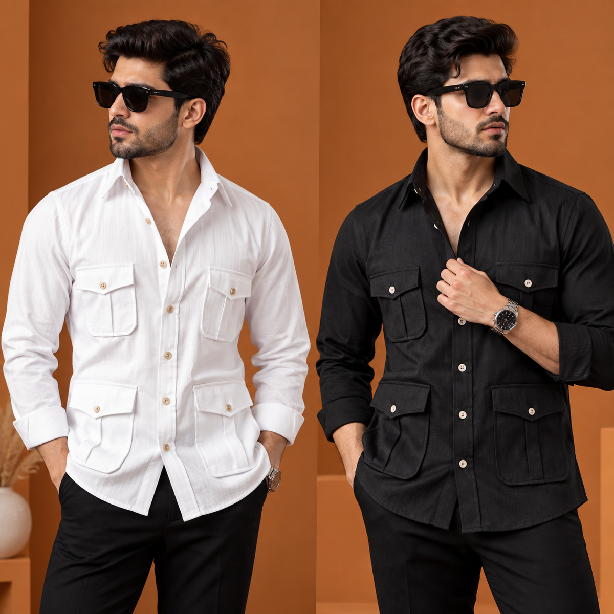 Premium Cotton Linen Hunting Shirt – Pack of 2 (White + Black)