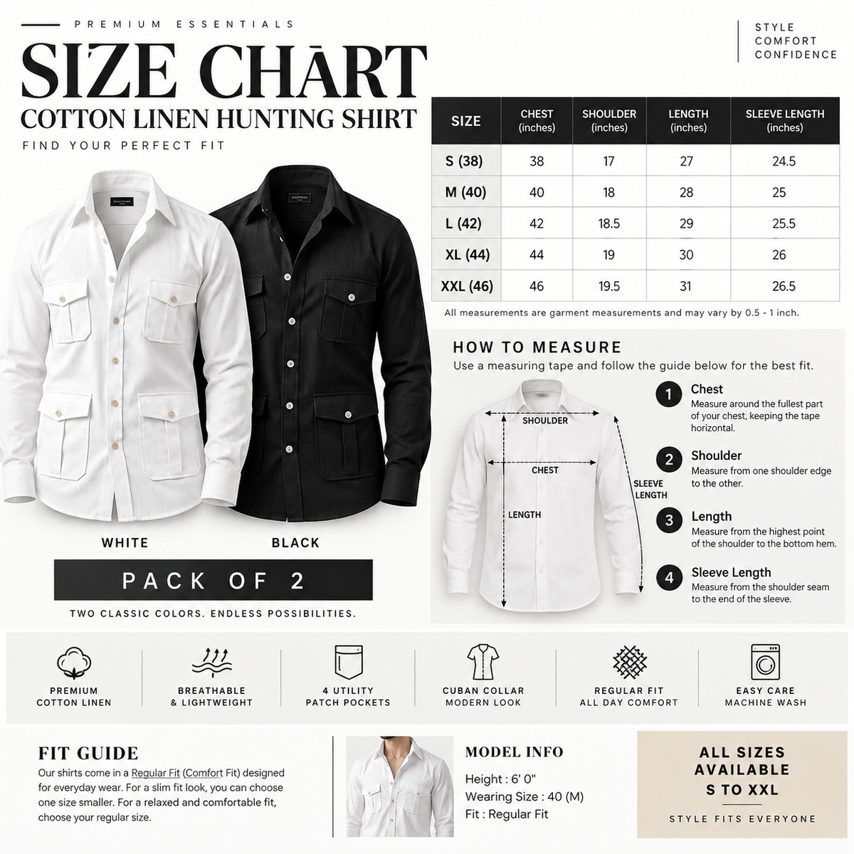 Premium Cotton Linen Hunting Shirt – Pack of 2 (White + Black)